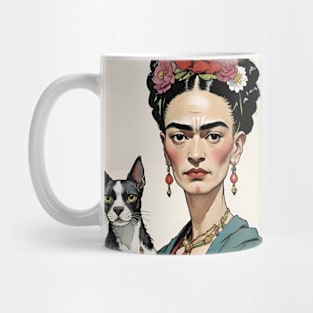 Frida and Her Furry Friend: Cartoon Illustration Mug